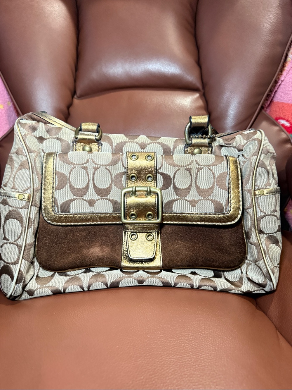 Vintage Coach Signature Suede Satchel H04U-1744 Y2K Gold Buckle Bag